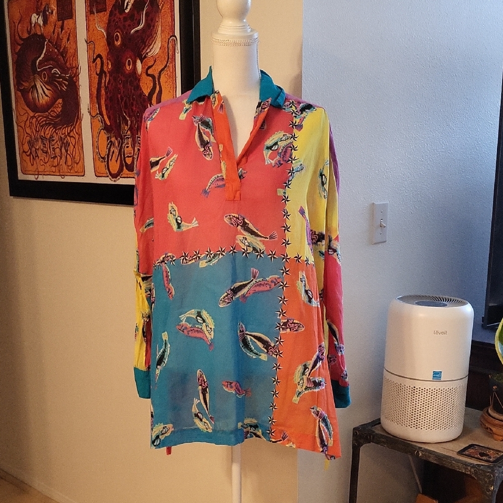 Mimi Liberte By Michael Klein Sheer Color Block 3/4 Sleeve Blouse 100% Cotton